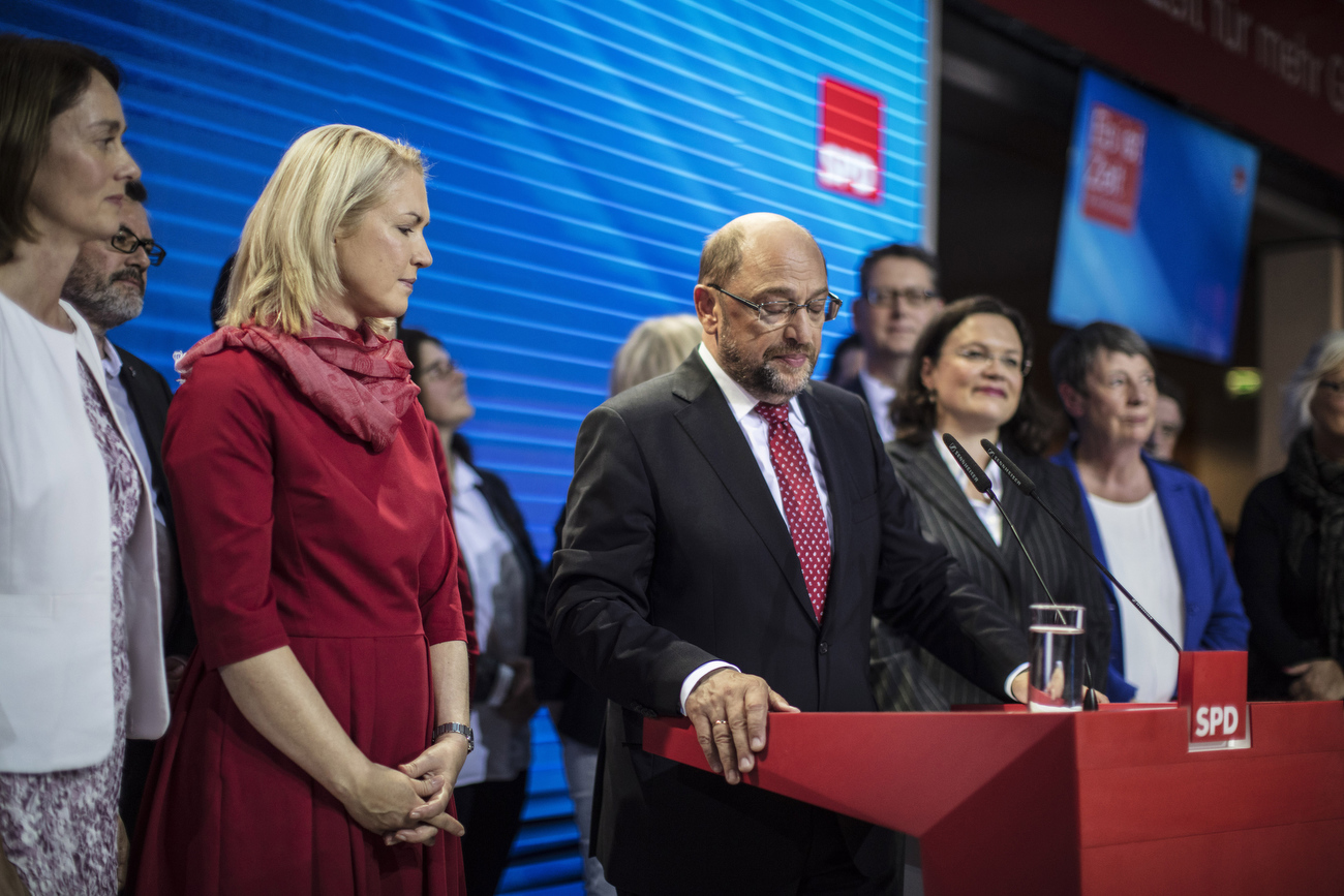 September 24, 2017 - Berlin, Germany: Martin Schulz (C), Social Democrat Party (SPD) leader and SPD party candidate for German Chancellor, speaks at an election event and comments on the SPD's  20% result in today's Bundestag election For the SPD, it is the worst result in a general election since 1949.  (Hermann Bredehorst / Der SPIIEGEL/ Polaris)