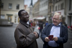 Senegalese born Karambe Diaby , Social Democratic candidate for the German Parliament shares a laugh while being on the campaign trail in his constituency in Halle/Saale. Diaby, a PhD in chemistry, canvassed the former hub for East Germany's chemical industry to become the first black member of the Bundestag in German history. 