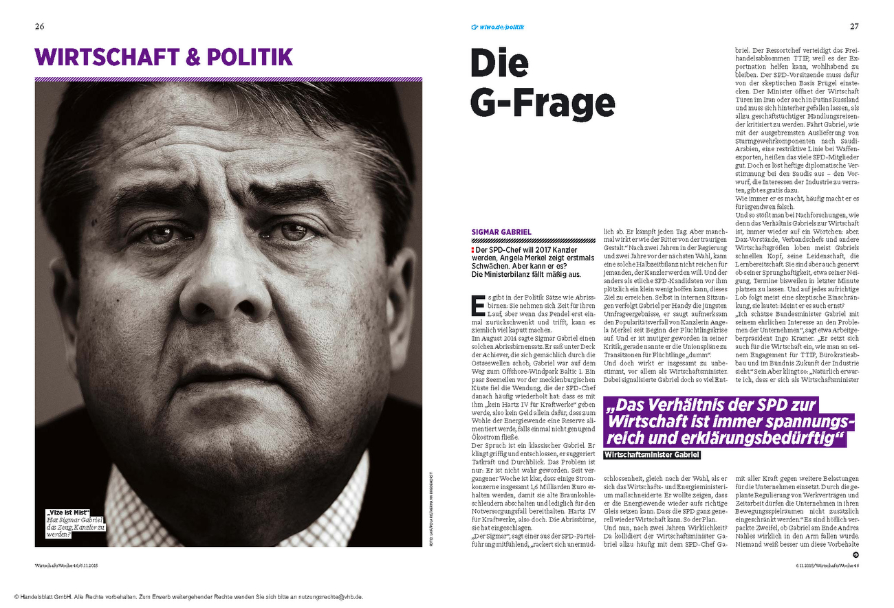 Germany, 06.11.2015, Wirtschaftswoche, Portrait German Politician and vice chanellor, Sigmar Gabriel