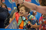 Mary Shammas, 74,  from Bay Ridge, Brooklyn, is being presented with her lottery winning of the $64,000,000 jackpot 