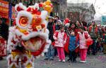 6 year old Chris Xuan from Flushing looks up at the confetti explosion on Main Street as the Annual Flushing Lunar New Year Parade celebrated the Year of the Rabbit