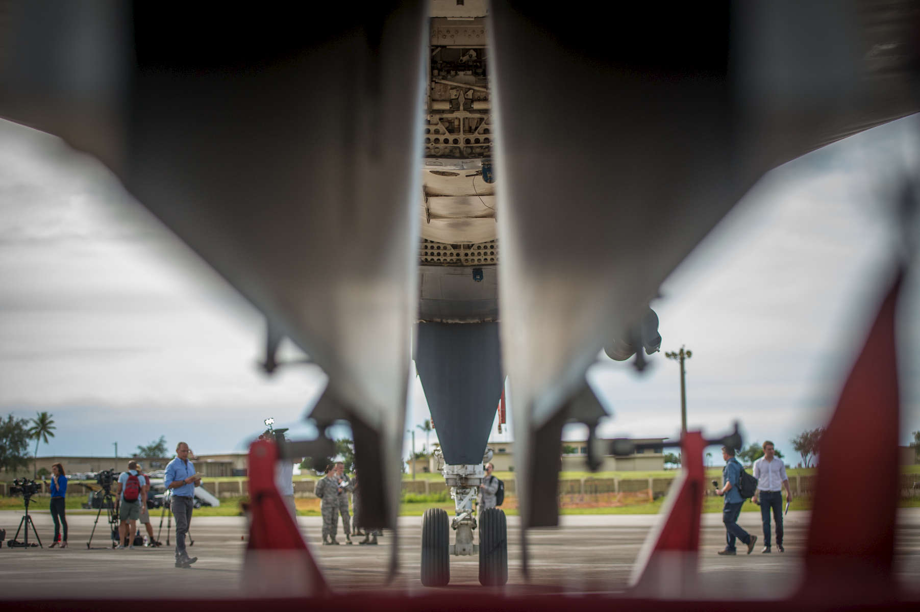 A view from ground level of the belly of the B-1 Lancer bomber aircraft, one of the many B-1’s at the Andersen Air Force Base in Guam.  (Aug 17, 2017)Photo by Nancy Borowick
