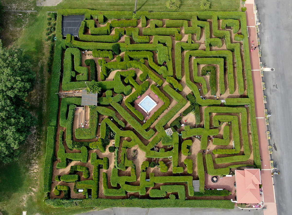 Visitors navigate their way to search hidden goals at The Garden Maze, which is located at a popular tourist attraction, Luray Caverns - the largest caverns in the eastern United States, in Luray, Va. The largest hedges maze in the Mid-Atlantic states is created with over 1500 evergreen hedges and a half-mile pathway on one acre ornamental garden.