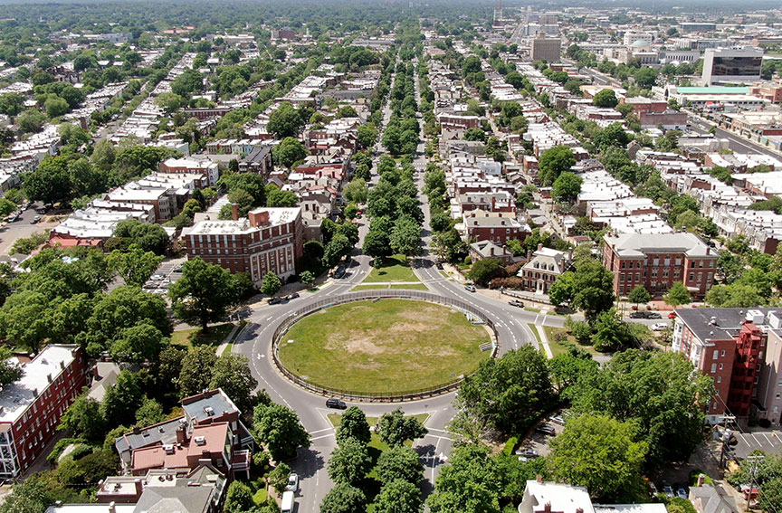 An aerial view of Monument Avenue without Robert E. Lee statue and pedestal in Richmond, Va.