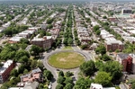 An aerial view of Monument Avenue without Robert E. Lee statue and pedestal in Richmond, Va.