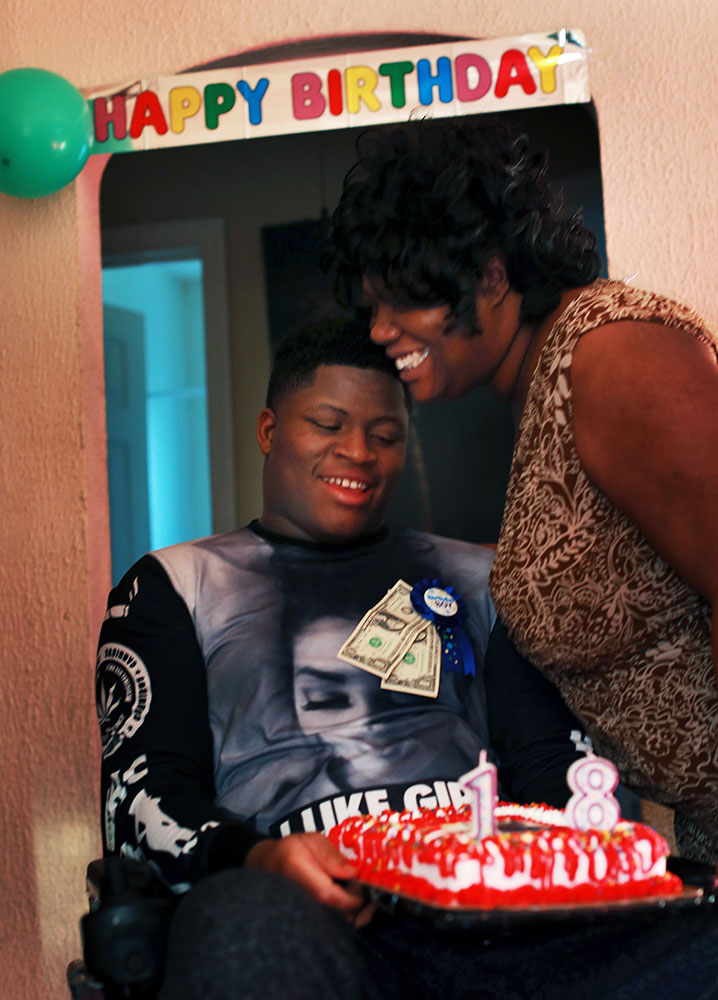 Edward and his mom, Lawanda Booker, share a smile on Edward's 18th birthday at their home in Richmond. Lawanda said she is grateful for God that Edward made his 18th birthday after all of struggles after the shooting. Booker said, ‚ {quote}Today is a day of celebration for me and Edward.{quote}