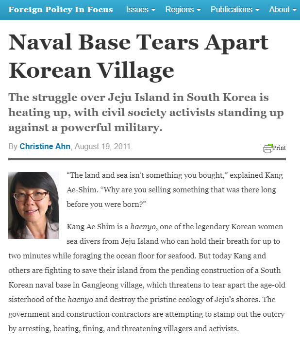 The struggle over Jeju Island in South Korea is heating up, with civil society activists standing up against a powerful military.Click for the entire article.