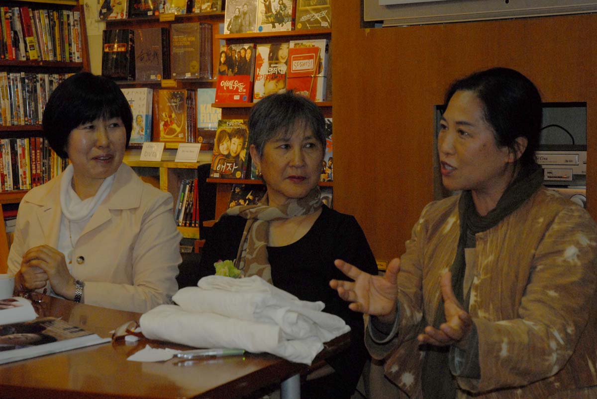 Left to right: Han Young-sook, translator/interpreter; author; and Kang Mi-kyoung, director of Hanbit Shelter for Women in Jeju.
