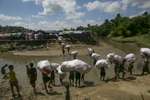 Rohingya carry donations into no man's land where Rohingya have set up refugee camps in Tombru, Bangladesh. 