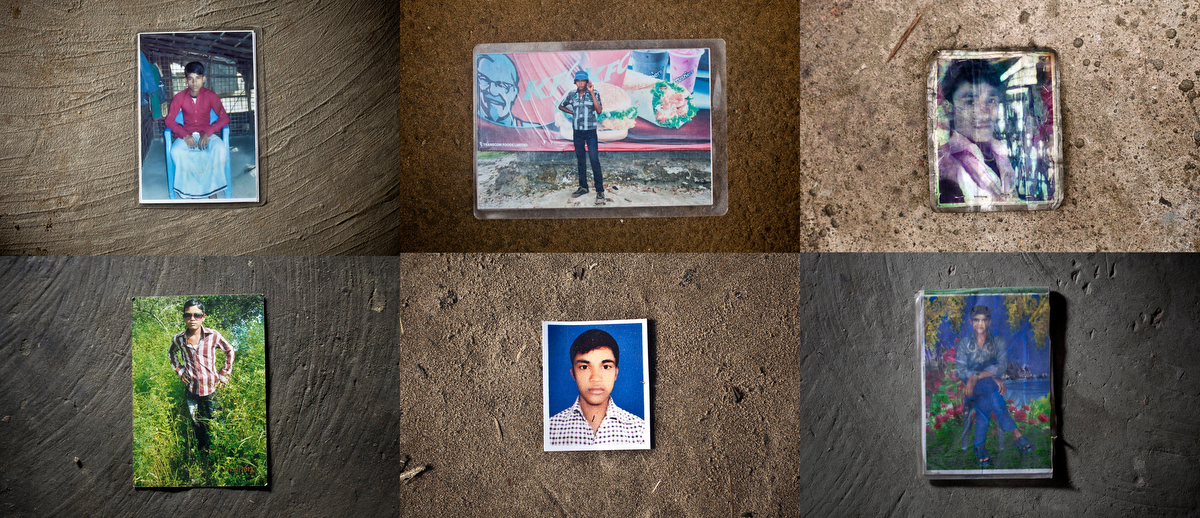 Photos of men who were trafficked or are missing after getting on boats to immigrate to South East Asia