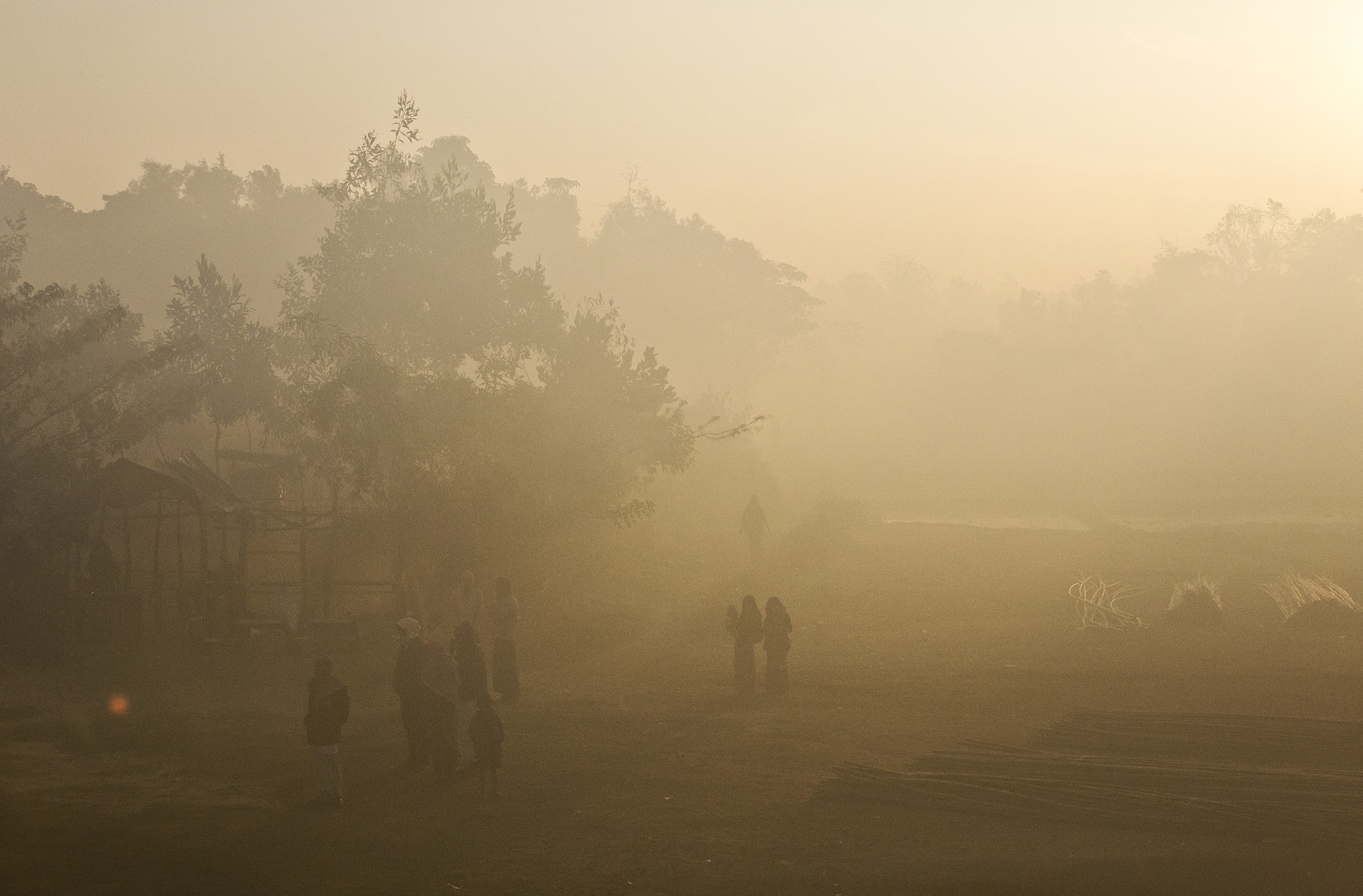 Rohingya refugees walk through early morning mist in a refugee camp in Cox's Bazar, Bangladesh.