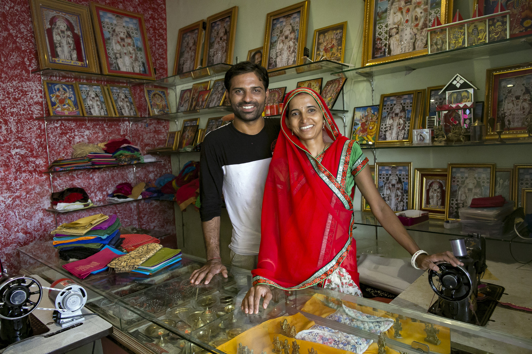 Pinky Joshi works in her shop with her husband Rakesh Joshi June 26, 2017 in Udaipur,  India. Photo by Allison Joyce