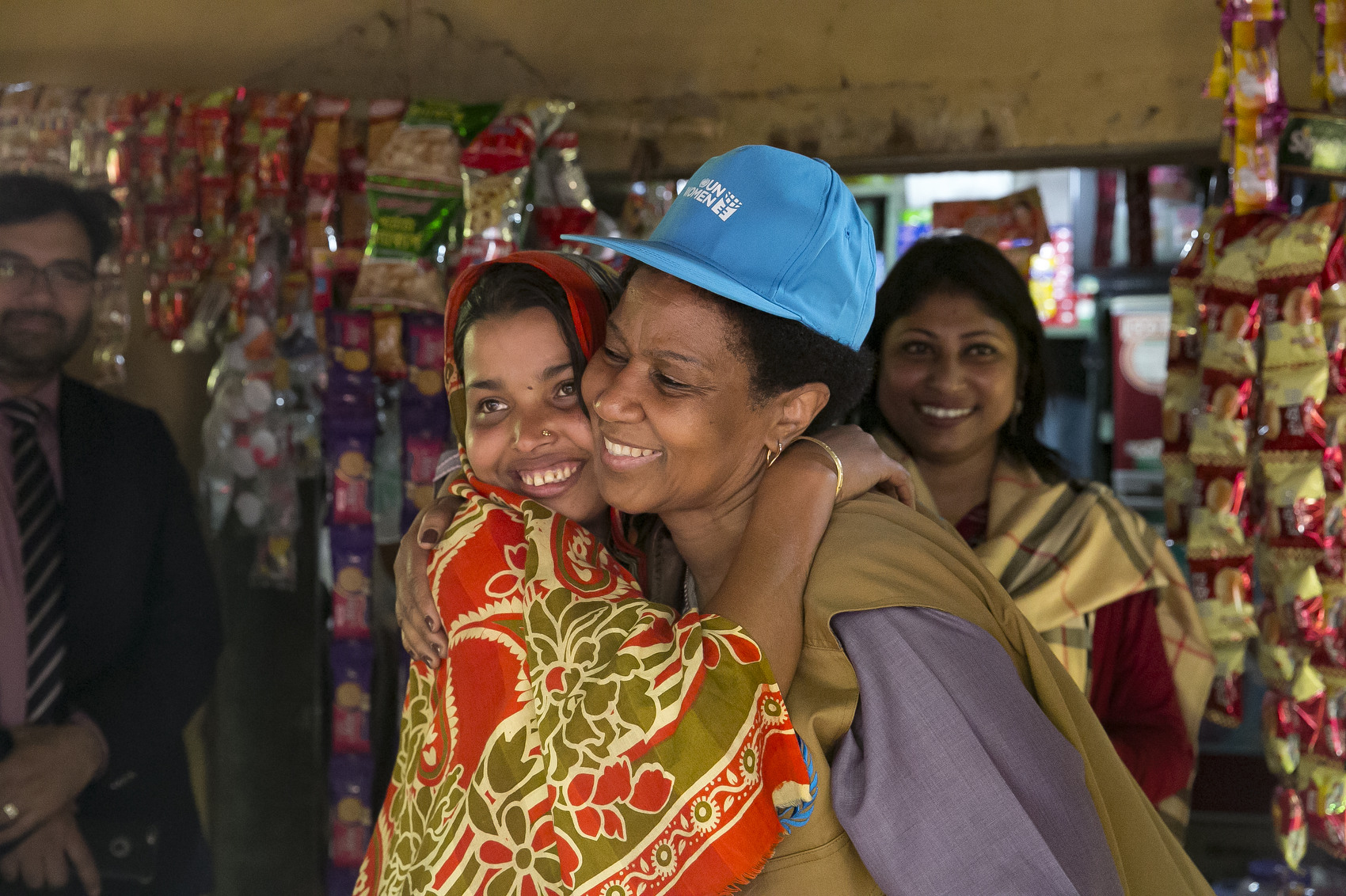 UN Women Executive Director, Phumzile Mlambo-Ngcuka meets with Deloara and her family at her shop in Ukhiya  January 31, 2018 in Chittagong district, Bangladesh. UN Women/Allison Joyce