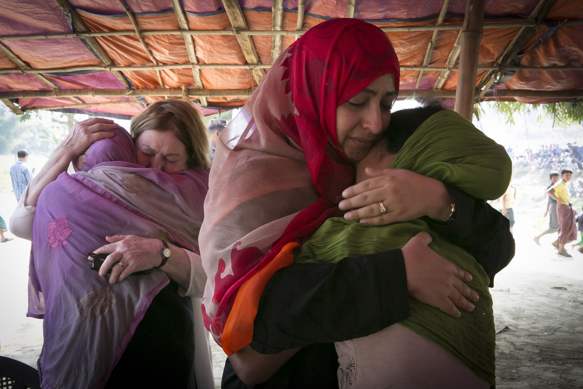 Mairead Maguire and Tawakkol Karman meet with Rohingya in {quote}No Man's Land{quote} February 27, 2018 in Cox's Bazar, Bangladesh. Photo by Allison Joyce for Nobel Women