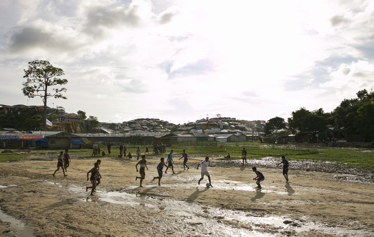 A football game takes place at a Rohingya refugee camp  