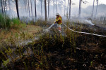 A volunteer firefighter sprays water on a brush fire in Houston County.