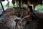 Caught outside while tending his herd of cows, a young boy warms himself next to the cooking fire of his family’s home in northwestern Cambodia on September 18, 2009.  Banteay Meanchey Province, a long-time refuge of the Khmer Rouge, is still undergoing land-mine removal.  