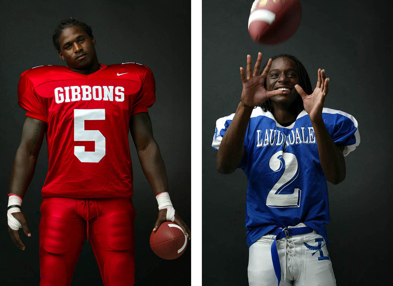Ft. Lauderdale Sun-Sentinel’s 2005 Top 11 high school football players, (L) Cardinal Gibbons High School line backer John Ware and (R) Fort Lauderdale High School wide receiver Xavier Harris.