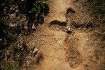 A cross carved into the dirt on a jungle trail in the Karen State of Burma. Animism, Buddhism and Christianitty dominate the majority of religious beliefs within Karen communities. 