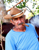 Portrait of a Cuban tobacco farmer in Viñales, Cuba smoking a cigar with his horse behind him.