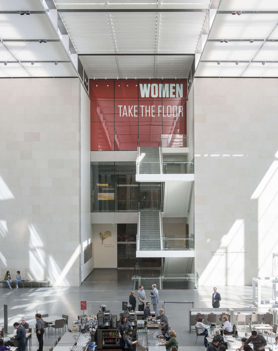 Women Take the Floor challenged the dominant, male-centric lens through which 20th-century American Art has traditionally been presented by highlighting the work of overlooked and underrepresented women artists. The exhibition design sought to redeﬁne the traditional art historical notion of the male-gaze by literally and metaphorically establishing a new framework for looking at art. Using red quote boxes as a graphic and red architectural frames for walls and doorways allowed audiences to experience a visual and physical shift of the ‘white cube,’ sensitively bringing historic and contemporary works into dialogue