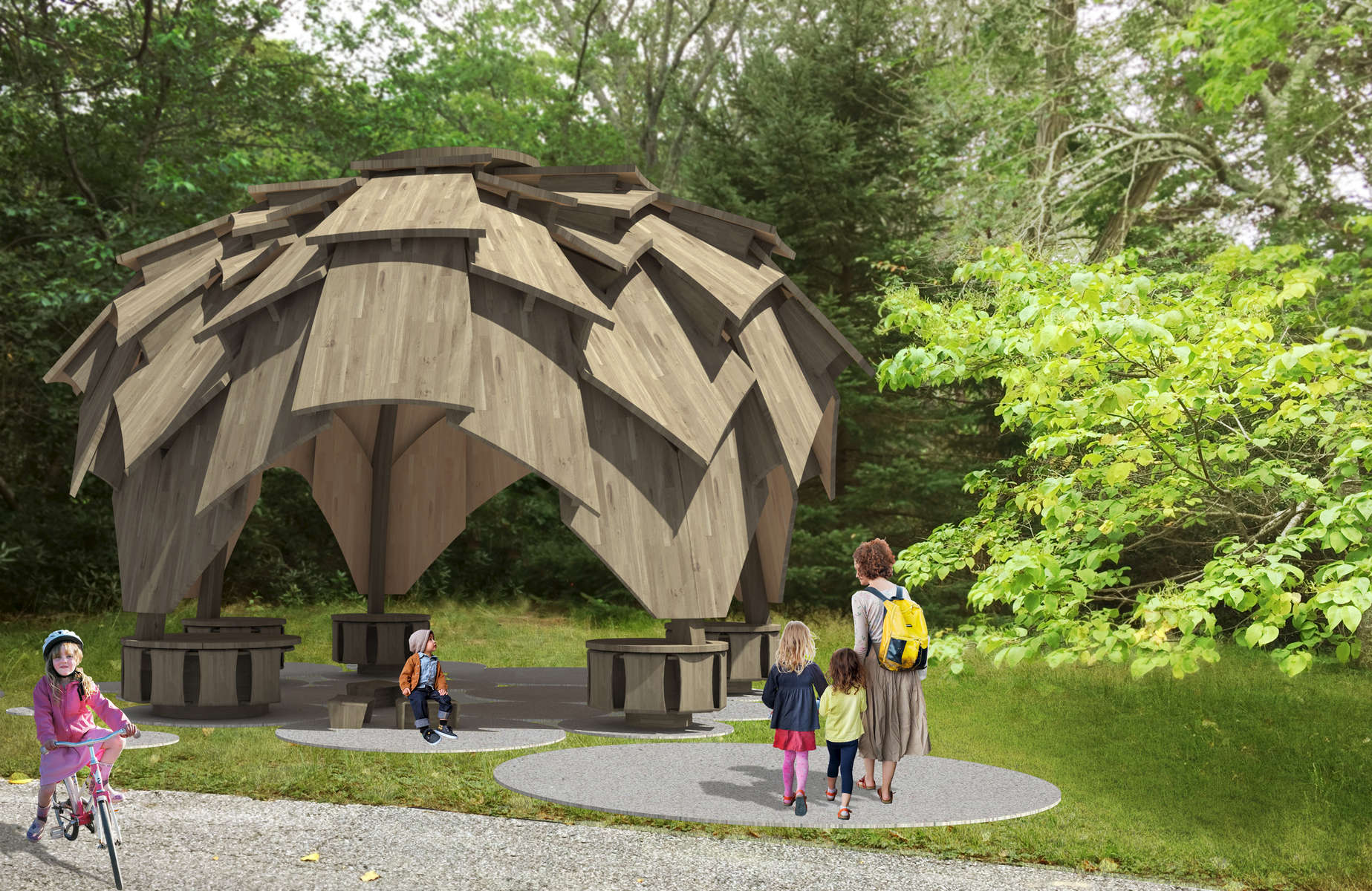 IKD has been hired to design an education pavillion at the Heritage Museum. Just as pine cones fallen from the trees through out the Heritage grounds spread their seeds to encourage more growth, the Heritage and their deep commitment to education will use the pine cone inspired educational structures to promote growth through the seeds of knowledge. Inspired by both pine cone structures and vernacular cape cod shingle construction throughout the region, the pavilion will utilize a new timber technology called Cross Laminated Timber or CLT to develop massive {quote}cedar structural shingles{quote} that will allow for a whimsical pavilion that merges structure and shingle into a single element.