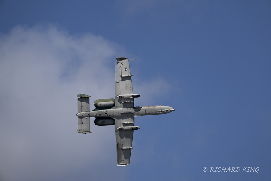 Colour aviation photograph of an A-10 Thunderbolt II Warthog heading left to right