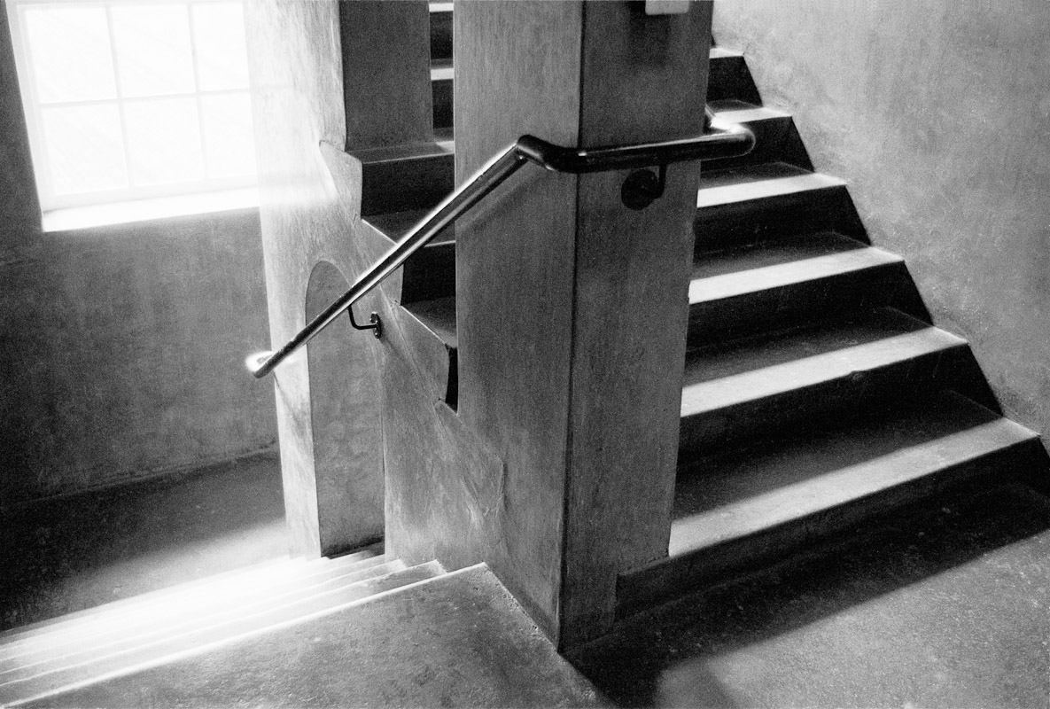 A stairway in the Glasgow School of Art designed by Rennie Mackintosh in Glasgow, Scotland.