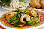 The seafood fried with large noodle entree at New Phnom Penh Cambodian restaurant in Philadelphia.