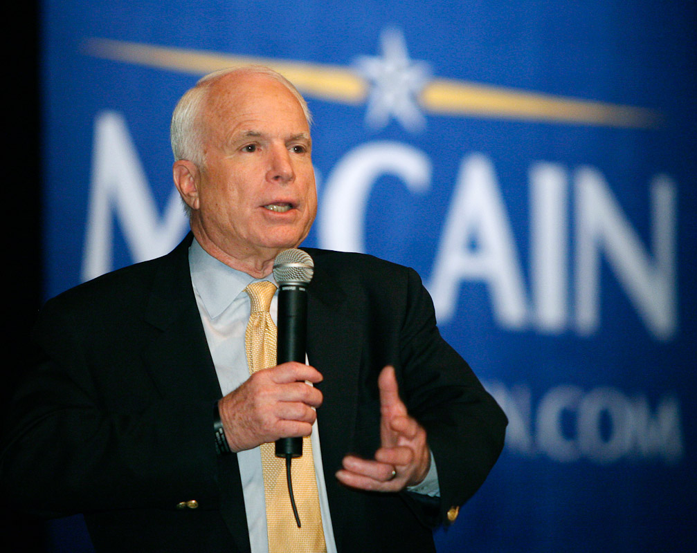 Sen. John McCain answers a student's question at a University of Pa. campaign stop in 2007.