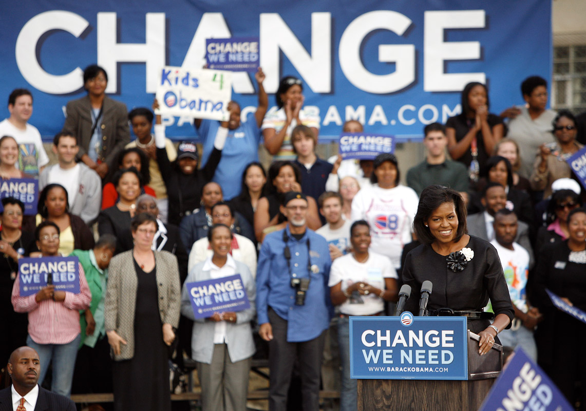 Michelle Obama speaks to supporters at the Francis Meyers Recreation Center during a 2008 rally for Barack Obama in Philadelphia.