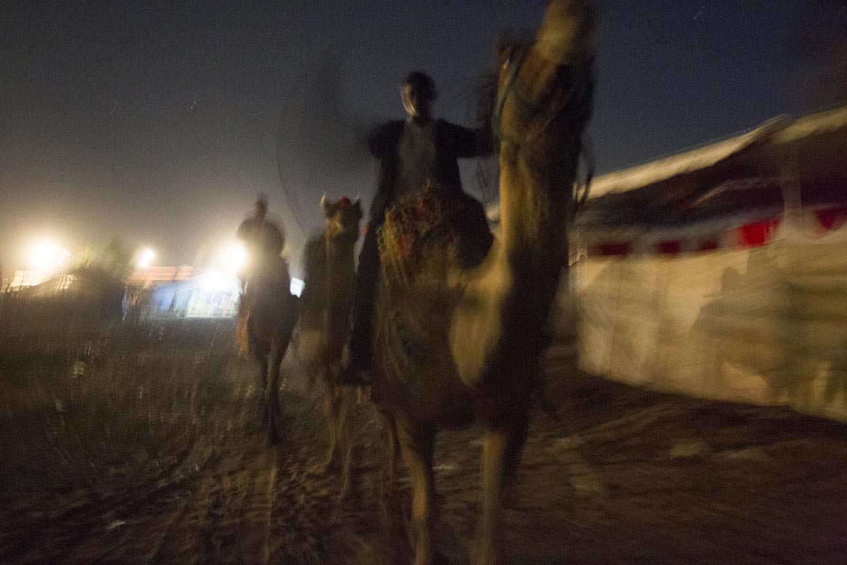 Men ride camels through Pushkar at night. 