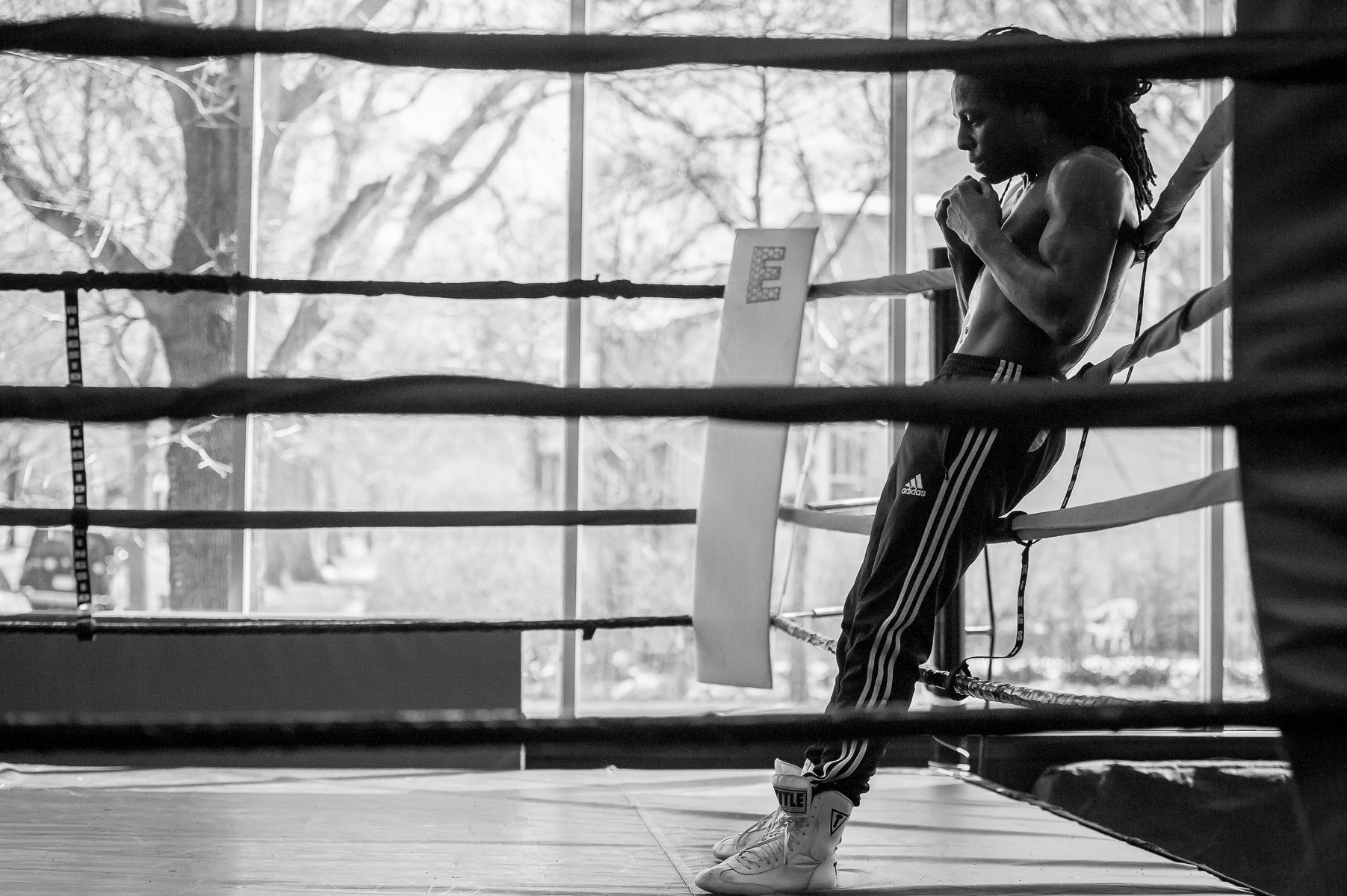 Deonte Sampson, boxer at Element Gym, takes a moment to rest during his workout at Element Gym on March 24, 2016 in St. Paul, MN.