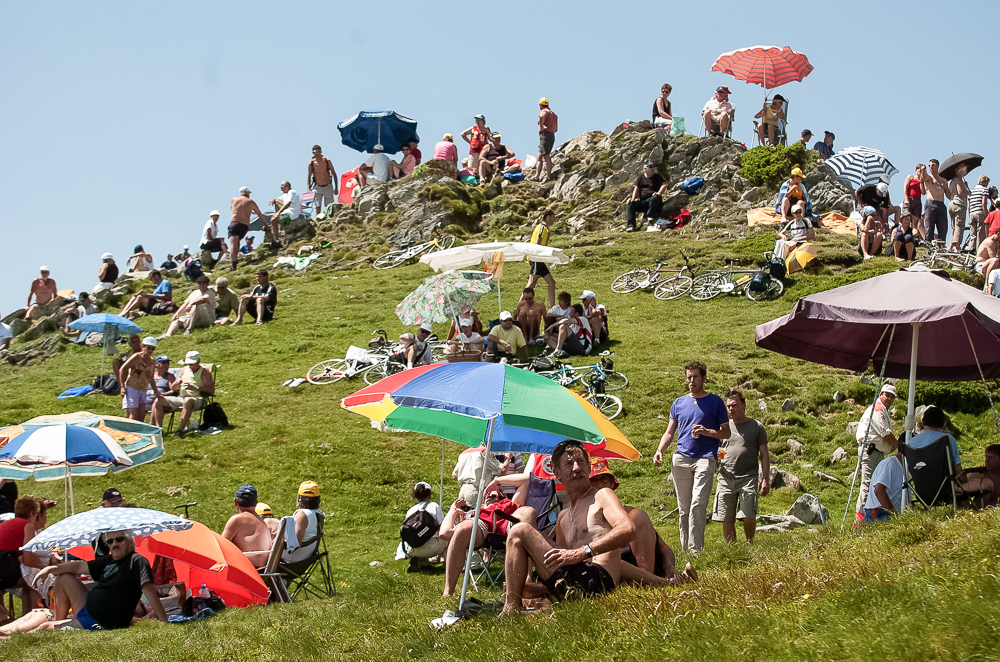 2005 STAGE 14 / Agde to Ax-3 Domaines, France: Spectators gather on the mountainside and await the arrival of the race on July 16, 2005. 