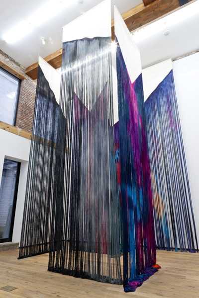 6 x unraveled and dyed canvas, stainless steel r2d240 x 60 inches each, installation variable, front viewPhoto credit: Carly Gaebe