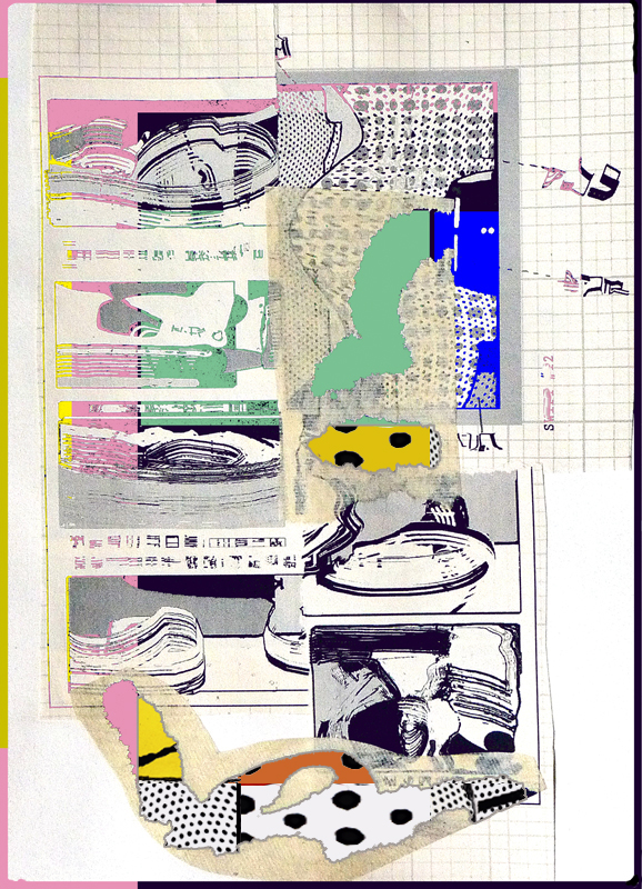 Collage made from 'cooked' (i.e. already printed) elements with extras added; an analog-digital hybrid13 in. x 13 in. 