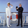 Gavin MacLeod & Andy Warhol photographed during an episode of the Love Boat, for Time inc. at the Warner's Hollywood Studio.