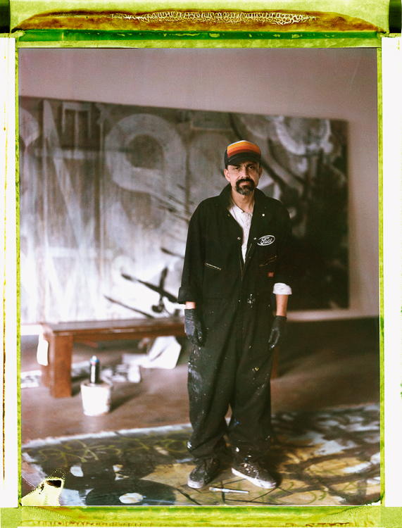 Joe {quote}Prime{quote} Reza, in his studio, South Central Los Angeles, 2014. 8x10 Polaroid color film photographed with a Deardorff camera.