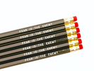 purchase herepsst... fear is the enemy, didn't you know? // be brave, be strong, be confident... you got this, you badass, you!set of six imprinted hexagon pencils // black pencils + white textunsharpened + packaged in a sealed cellophane sleeve (ready for gift giving)fantastic gift idea for teachers + students + anyone, really... especially yourself!