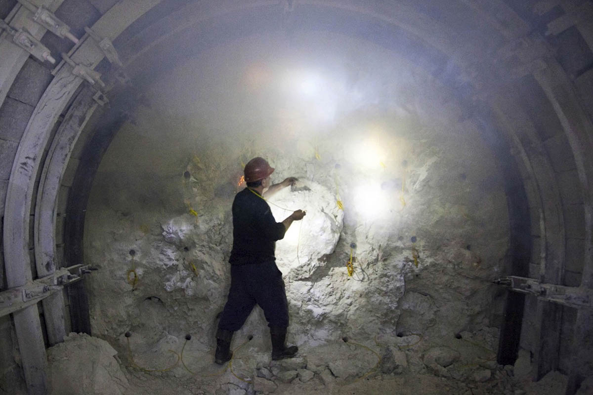 Georgia, Chiatura City. Inside the mine tunnel, mineworker startes the fire on the explosions. I had to count to 30 and run far away before it blew up. 