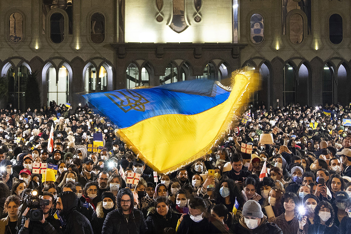 A rally in support of Ukraine in front of parliament protesting the war in Ukraine and demanding the Georgian Prime Minister, Irakli Gharibashvili, to step down, after he said he would not introduce sanctions against Russia in response to its invasion of Ukraine on February 25, 2022 in Tbilisi, Georgia. For many Georgians, the war in Ukraine amounts to a continuation of their ongoing struggle with Russia.