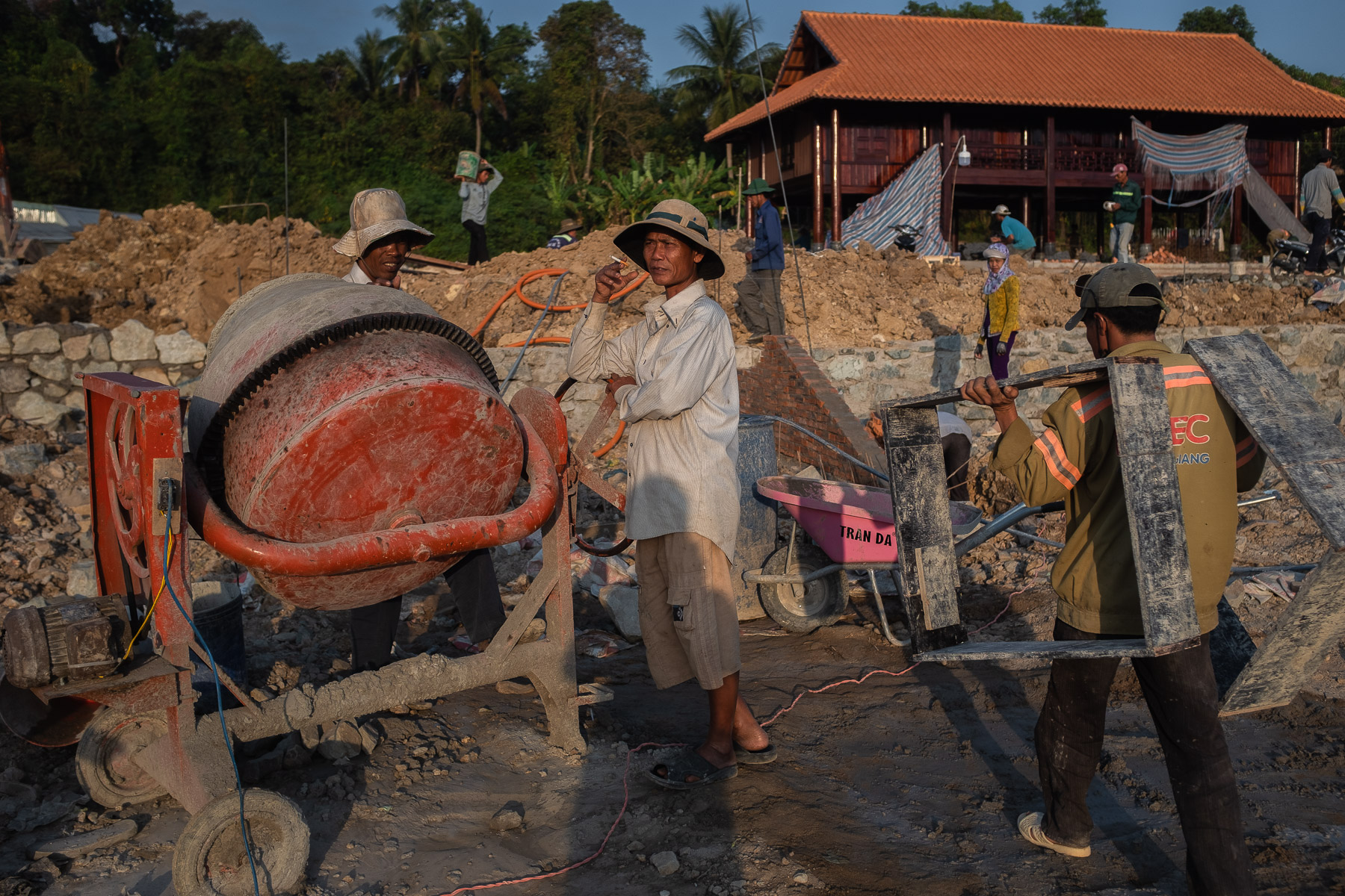 Cambodian workers building luxury housing project, Hà Tiên, Mekong Delta