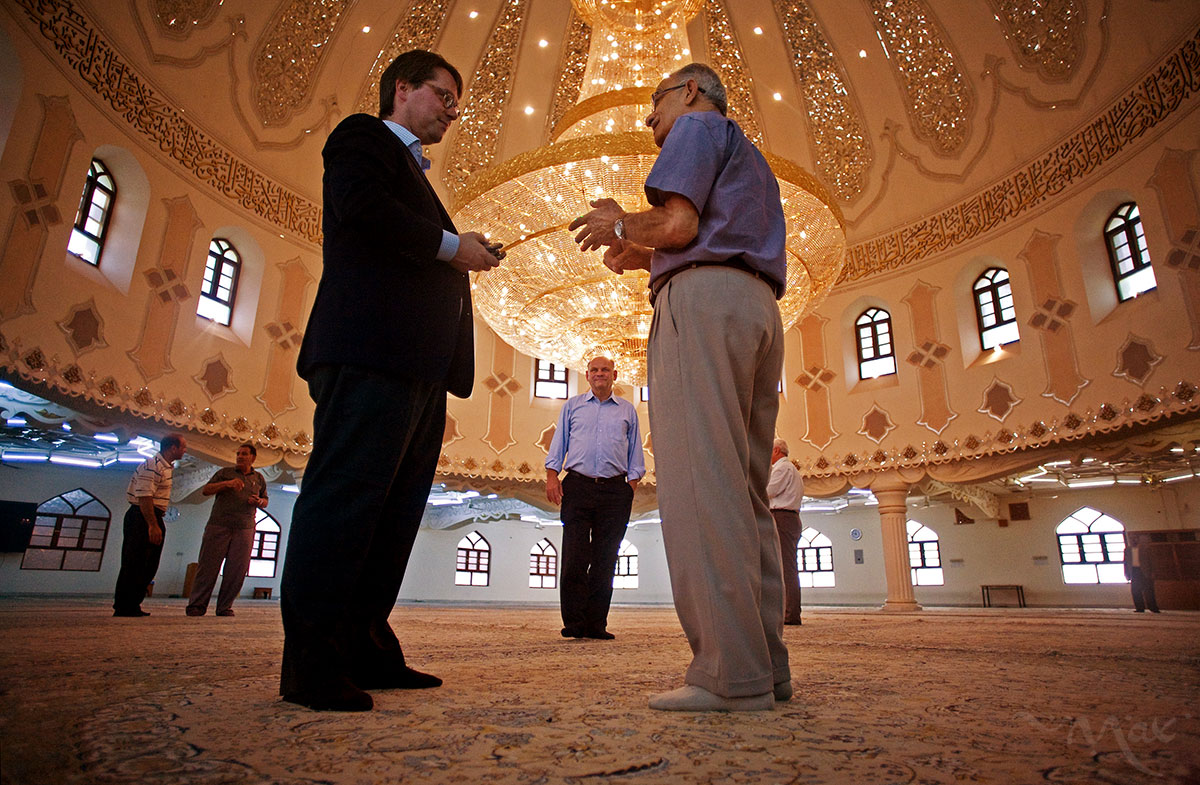 The crown jewel of the al Moosawi Mosque is this massive handmade, one and a quarter ton, crystal chandelier that was paid for and built by members of the mosque. Abdul Redha al Moosawi, right, who represents the al Moosawi Group, gives a tour to attorney, Dr. Florian Amereller, left, and General Manager Wolf-Michael Baeume of MDC, center in background, at the al Moosawi Mosque. The al Moosawi Group, a Shiite tribal congregation that has succeeded in maintaining successful businesses by staying out of politics during the ravaging civil war in Iraq following the U.S.-led invasion, represents 16 different businesses that include a hospital, real estate, and oil services companies. German attorney, Dr. Florian Amereller, and experienced General Manager Wolf-Michael Baeume are partners with Iraqi businessman Johny Paulus in the MDC Iraq Development Company GmbH. The newly minted partnership is the one of the first forays back into Iraq’s business market after the U.S.-led war in Iraq. The company is working with the German government’s liaison office for Industry and Commerce who operates out of a room in MDC’s office. The focus of the business is on serving the oil and gas, electricity, water, medical and construction needs of Iraq with high quality German products and experience. 