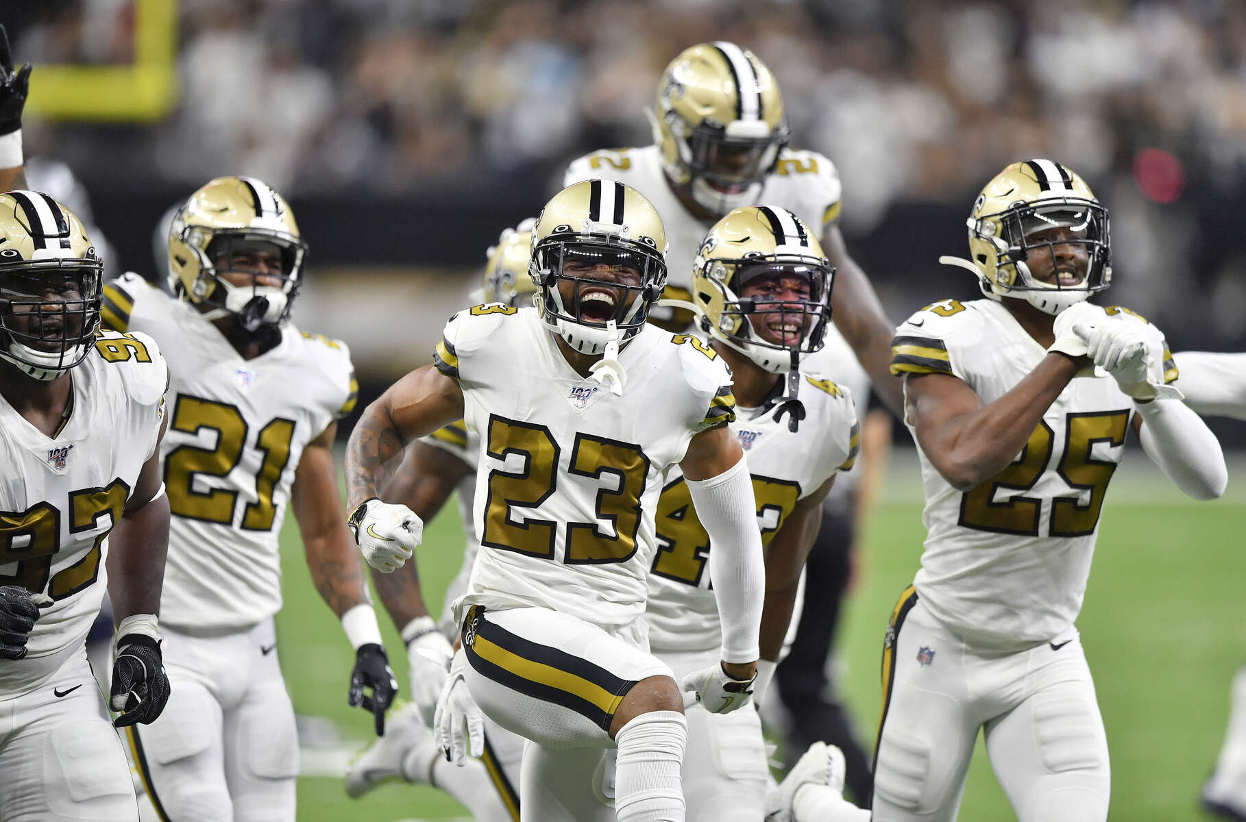 New Orleans Saints cornerback Marshon Lattimore (23) celebrates a fumble recovery during the first half of an NFL football game against the Dallas Cowboys in New Orleans, Sunday, Sept. 29, 2019. 