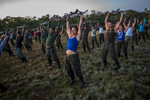 November 2, 2016. Members of the 17th and 51th fronts of FARC due military kynestethics every morning to main fitness.  After a referendum held on October 2 voted no against the peace accords, FARC troops have been held on standby waiting to reach a new peace agreement and proceed to concentration areas were they will demobilized in six months time. Caquetá. Colombia.