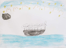 The Al-Khazam family on the boat from Egypt to Italy, under a new moon. Drawing by Laya Al-Khazam.On a week when the weather was good and the seas were calm, Laya’s parents decided it was the safest time to cross the Mediterranean to Europe. It was December of 2014 and the beginning of winter. Laya’s family left from the shores of Alexandria, Egypt under the cover of a new moon, when the sky was clear and dark, so that others wouldn’t see them. They were scared because they knew that the journey was dangerous. They traveled on the sea for a week. There was only one bathroom for 400 people. At times, Laya wanted to get up and run around. But the boat was crowded, and people were not in a playful mood. So instead, Laya sat quietly. She looked up at the sky and dreamed about reaching Sweden.By the seventh and final day of the journey, there was no food or water left. Lots of children cried and people got sick. But Khaled and Rana--Laya’s parents--were surprised. None of their children—eight-year-old Laya, ten-year-old Waled or even four-year-old Lara—cried or complained the entire week they were on the boat. Finally, after what felt like forever, the Al-Khazam’s boat reached the shores of Italy. They finally had made it to Europe. When all of their family was off the boat, they stood on the beach and hugged for a long time.