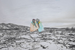 Drawing of Laya and her friend from Syria, by Laya Al-Khazam.Image of a snowy beach. Halland, Sweden.