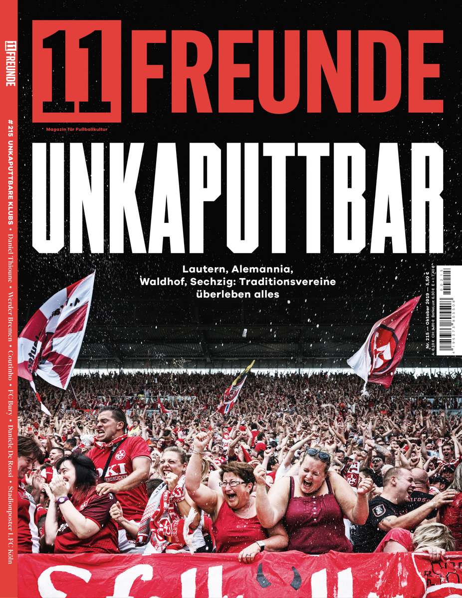 Front page of the October 2019After their favorite team scored a goal against rival club TSV 1860 Muenchen fans of German football club 1. FC Kaiserslautern are cheering inside the Fritz-Walter-Stadium in Kaiserslautern. issue of 11Freunde magazine. Fans of the German football club 1. FC Kaiserslautern are cheering after their team scored against rival TSV 1860 München. The article for which the photos were taken is about traditional football clubs and how their tradition will keep them alive against many odds