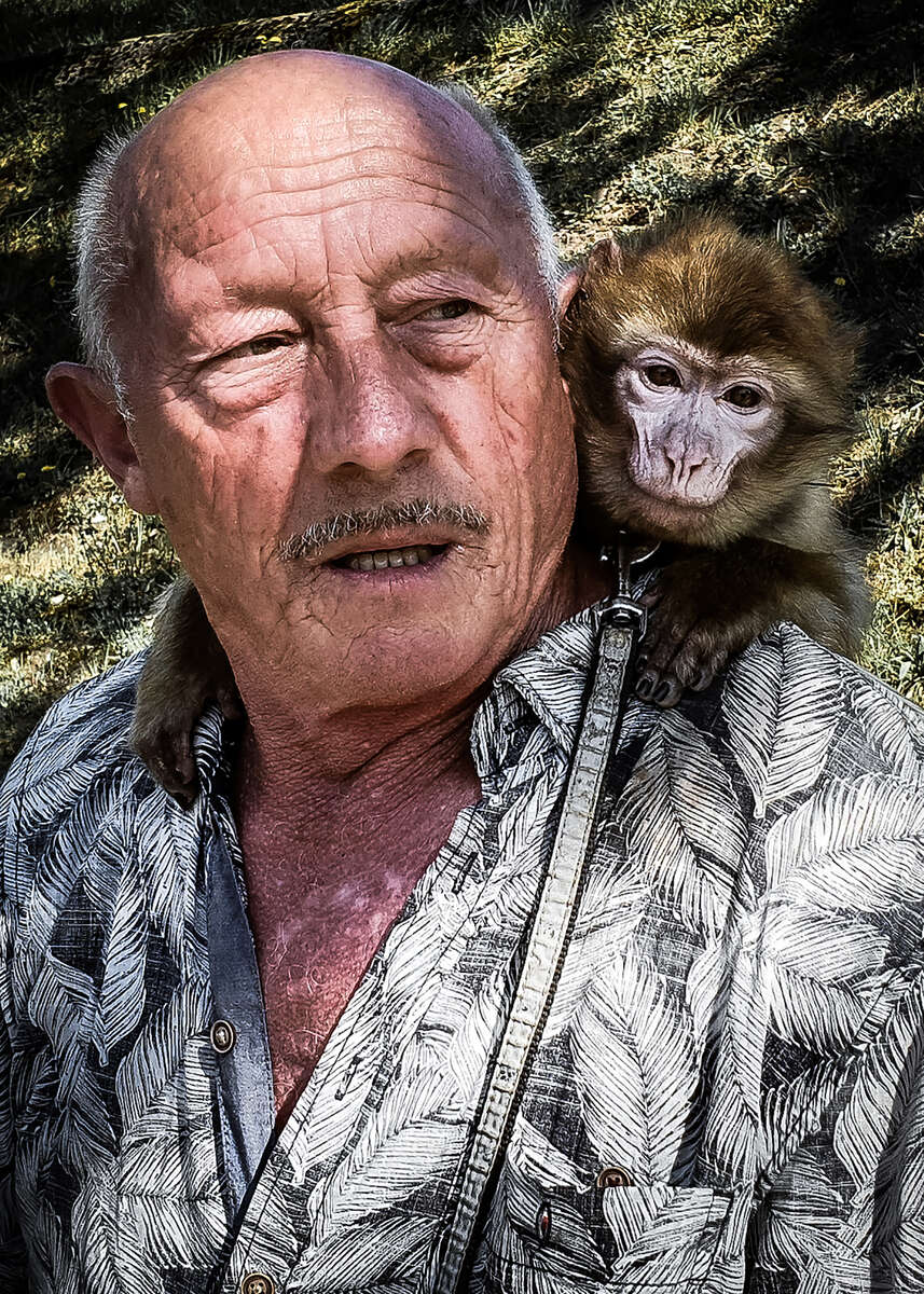 An old man is sitting on a bench carrying a monkey in his back