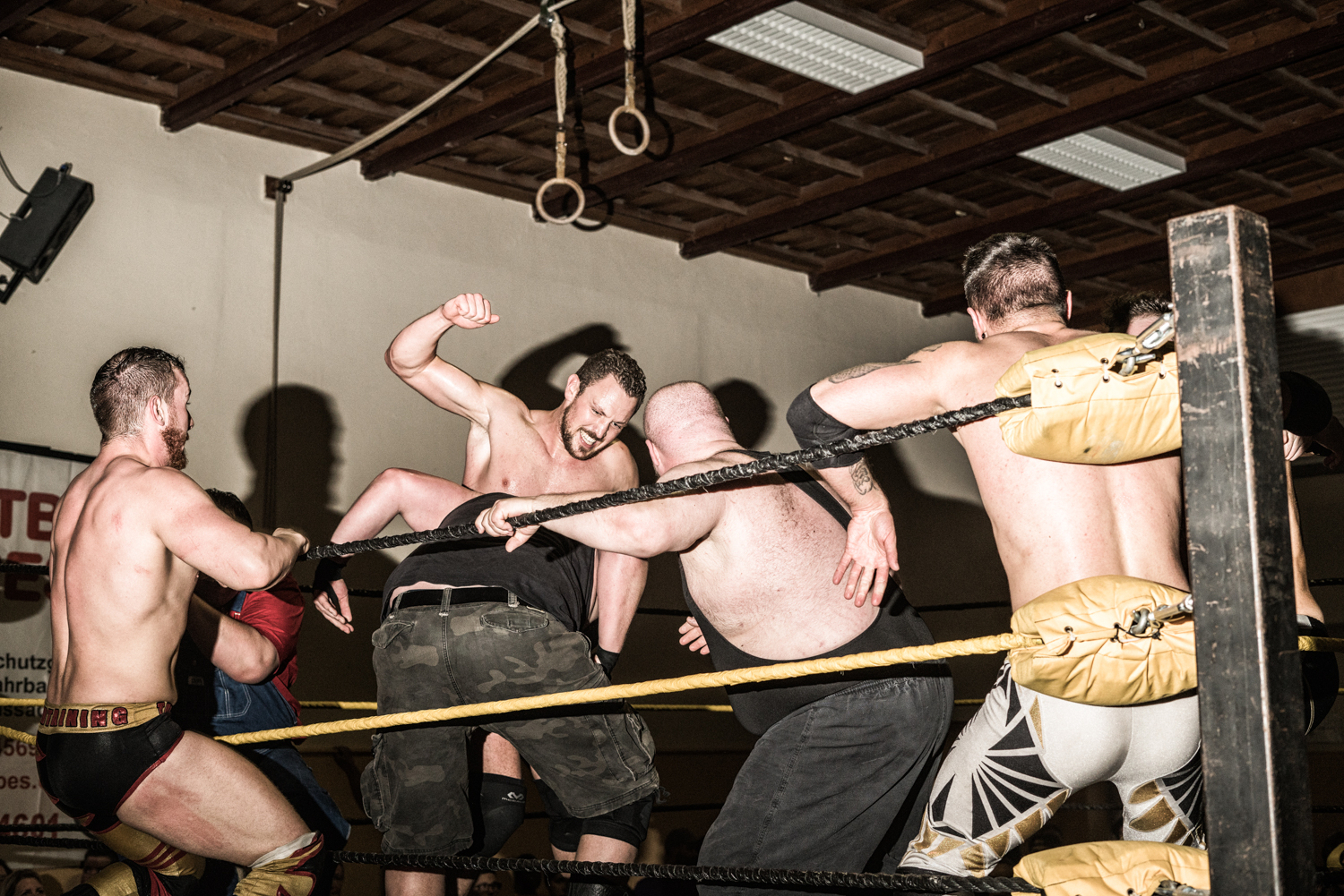 Young men are fighting in the ring at a underground wrestling tournament in Nauheim near Frankfurt am Main in April 2019